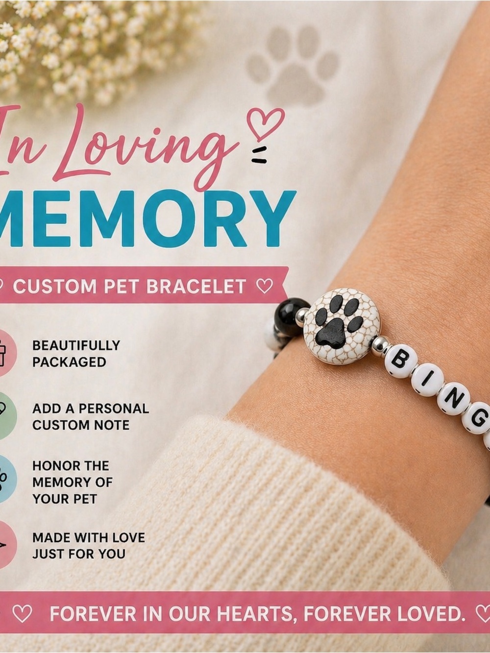 Custom Pet Memorial Beaded Bracelet in White and Black